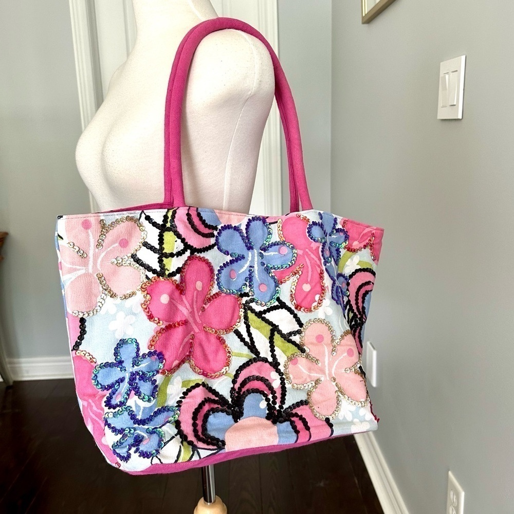 Pink Floral Canvas Tote Shoulder Bag with Sequins